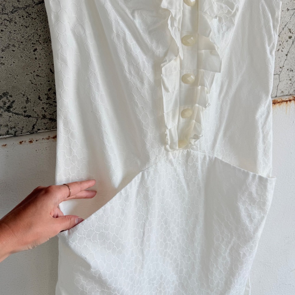 Mod Mini Dress White Textured Shift Dress Ruffles - Picture 2 of 9